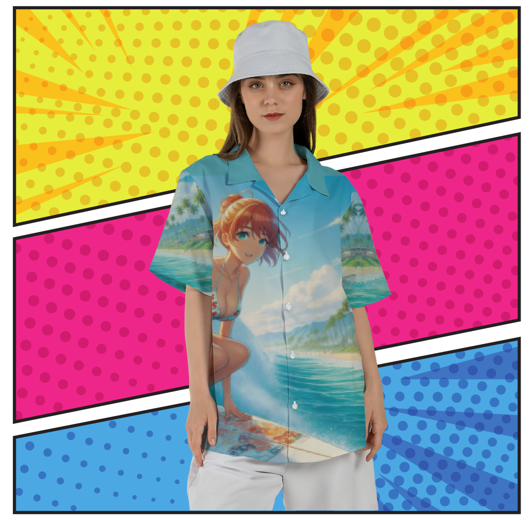 Anime Hawaiian shirt surfer girl  mock up front