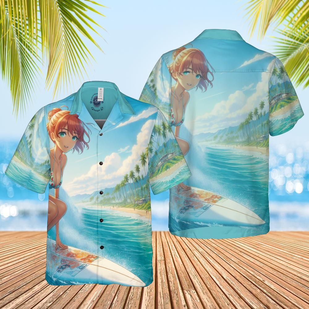 Anime Hawaiian shirt surfer girl back front