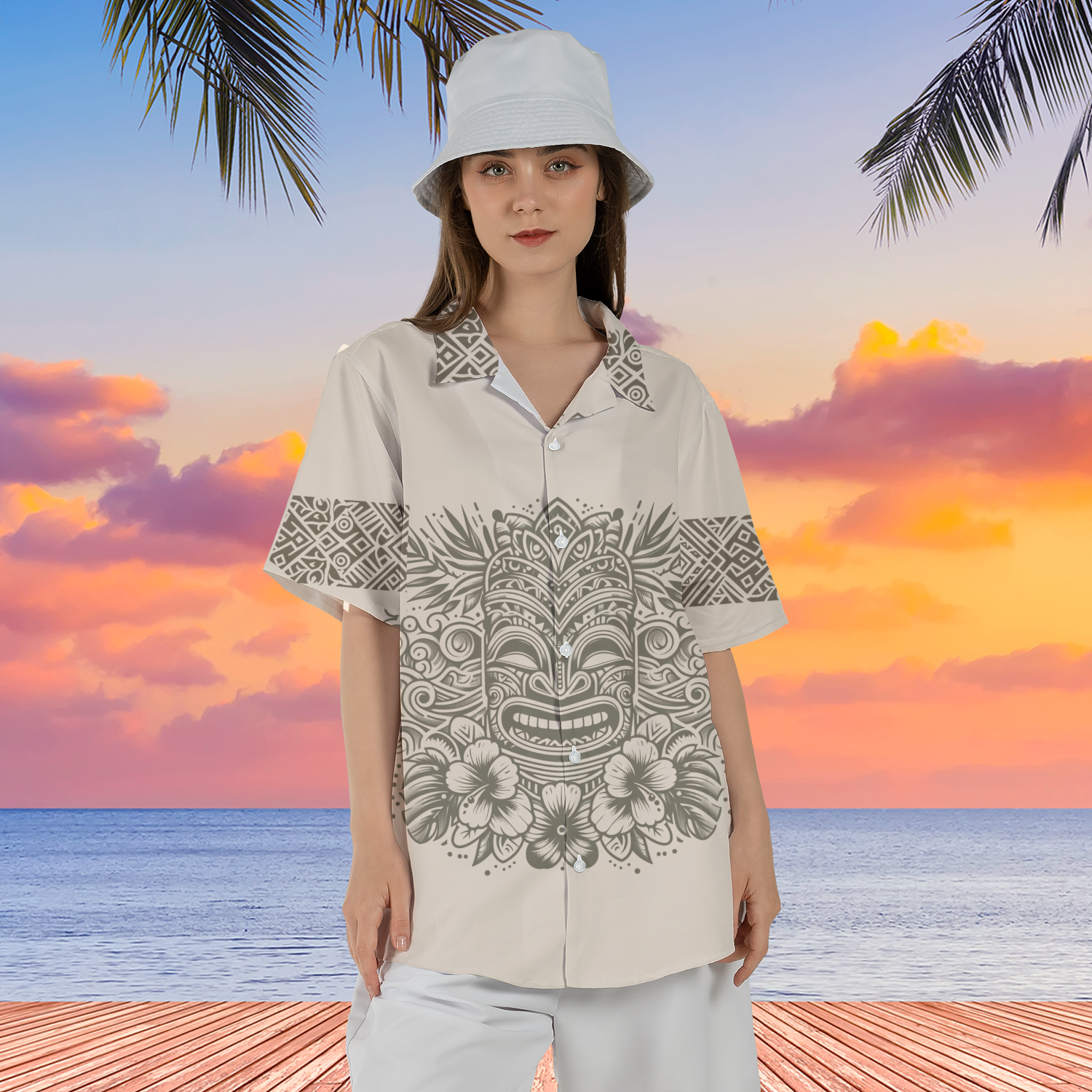 Happy tiki Hawaiian Shirt beige mockup