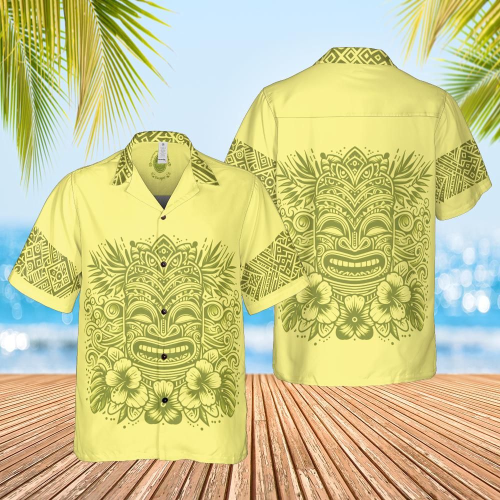 Happy Tiki Hawaiian shirt yellow front back