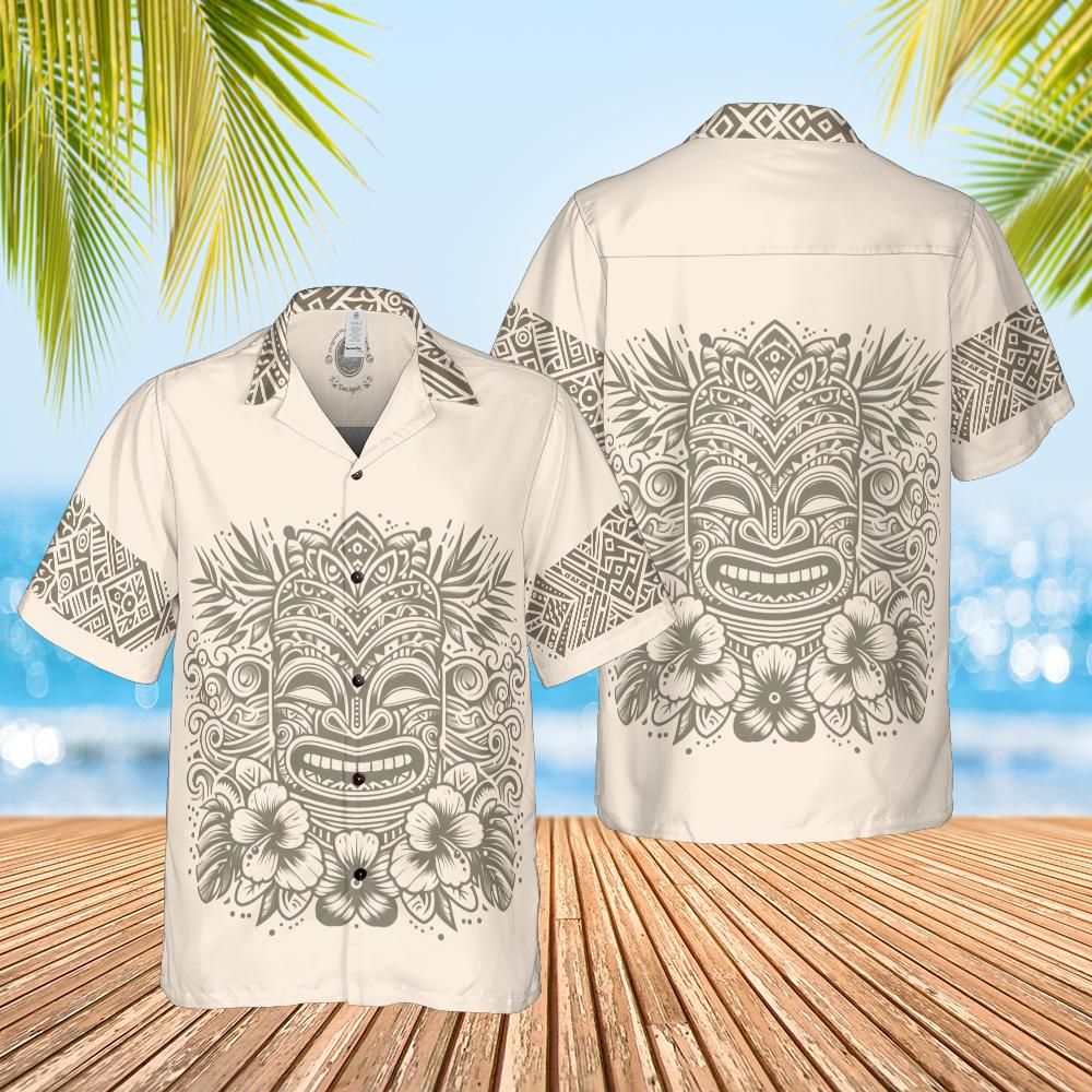 Happy tiki Hawaiian Shirt beige front n back