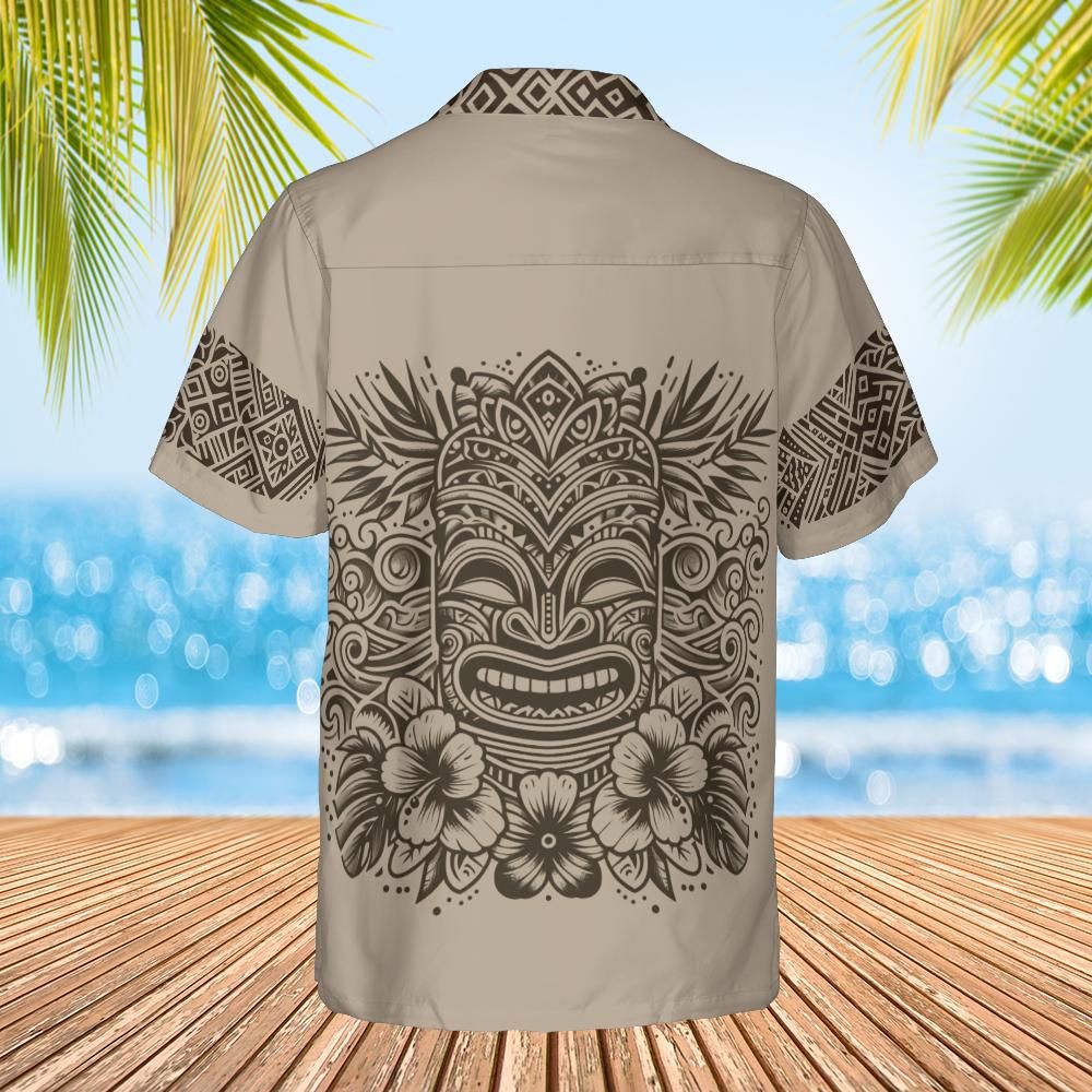 Happy tiki  Hawaiian shirt light brown back