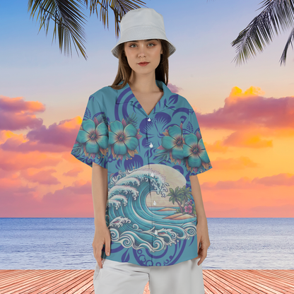 Hawaiian shirt waves blue n blue mockup