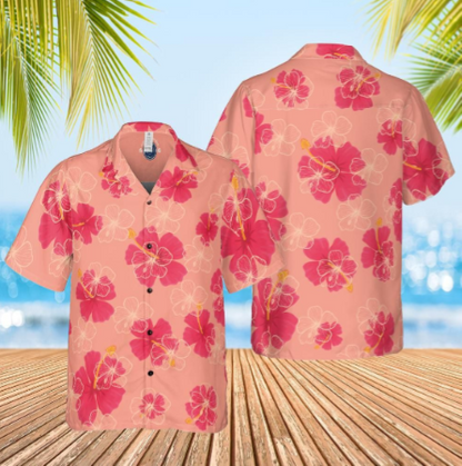 Hawaiian Shirts, Aloha shirt, Floral red Hibiscus on pale red back front