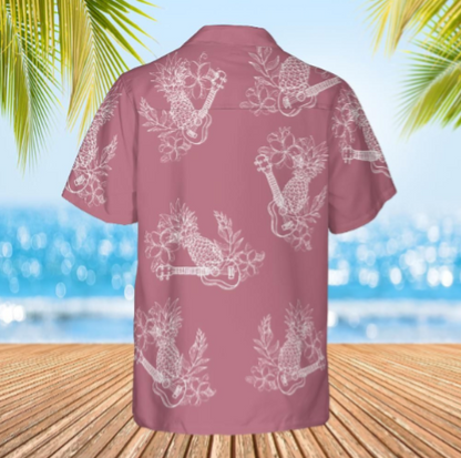 Hawaiian Shirt ukulele and floral white on faded red back