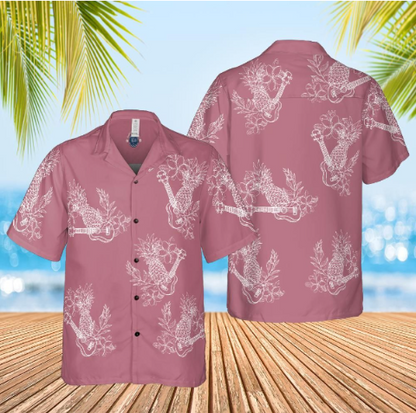 Hawaiian Shirt ukulele and floral white on faded red front and back