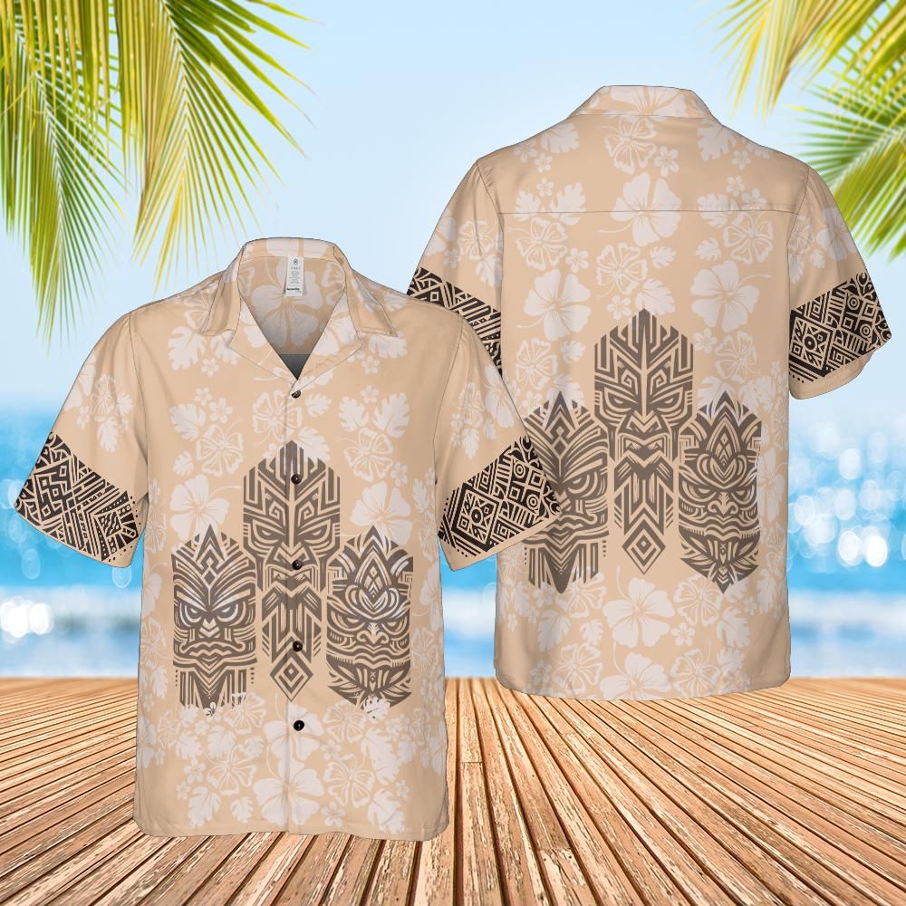 Hawaiian Tiki Shirt beige front back