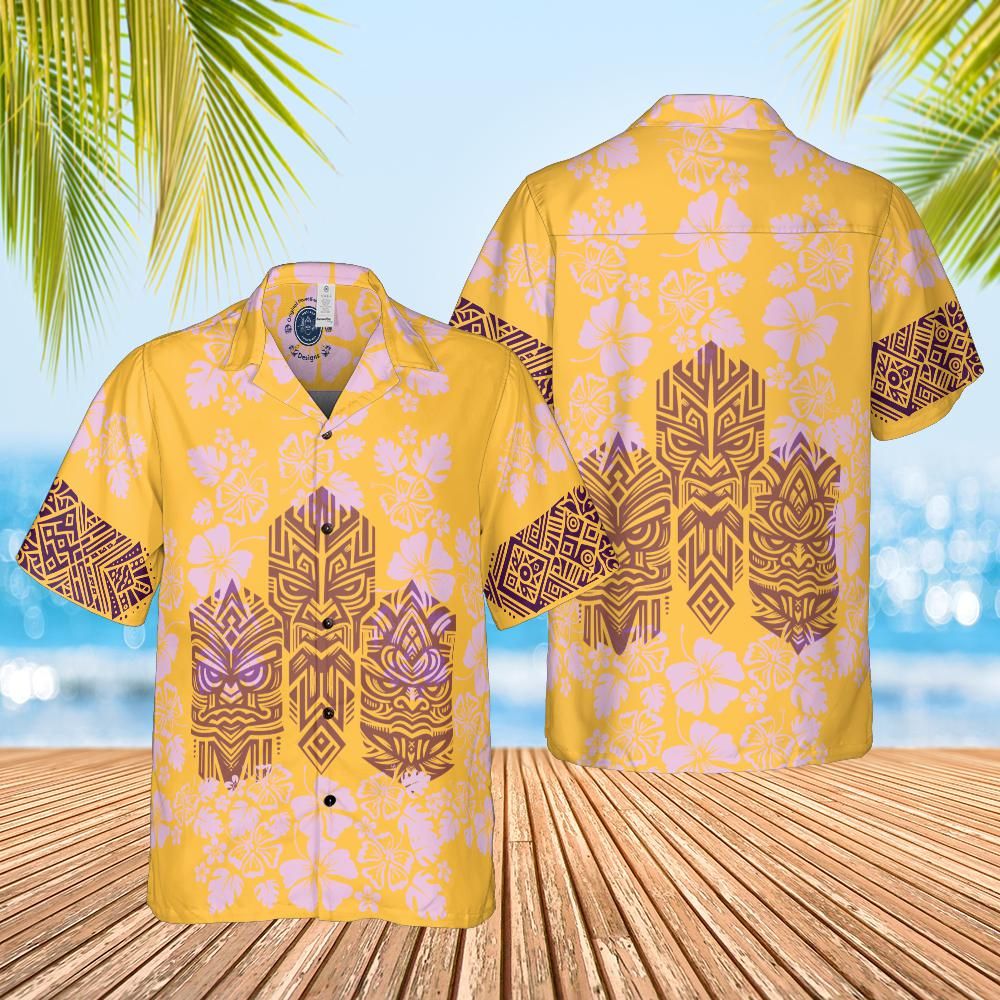 Hawaiian Tiki shirt 3 faces yellow glow front back