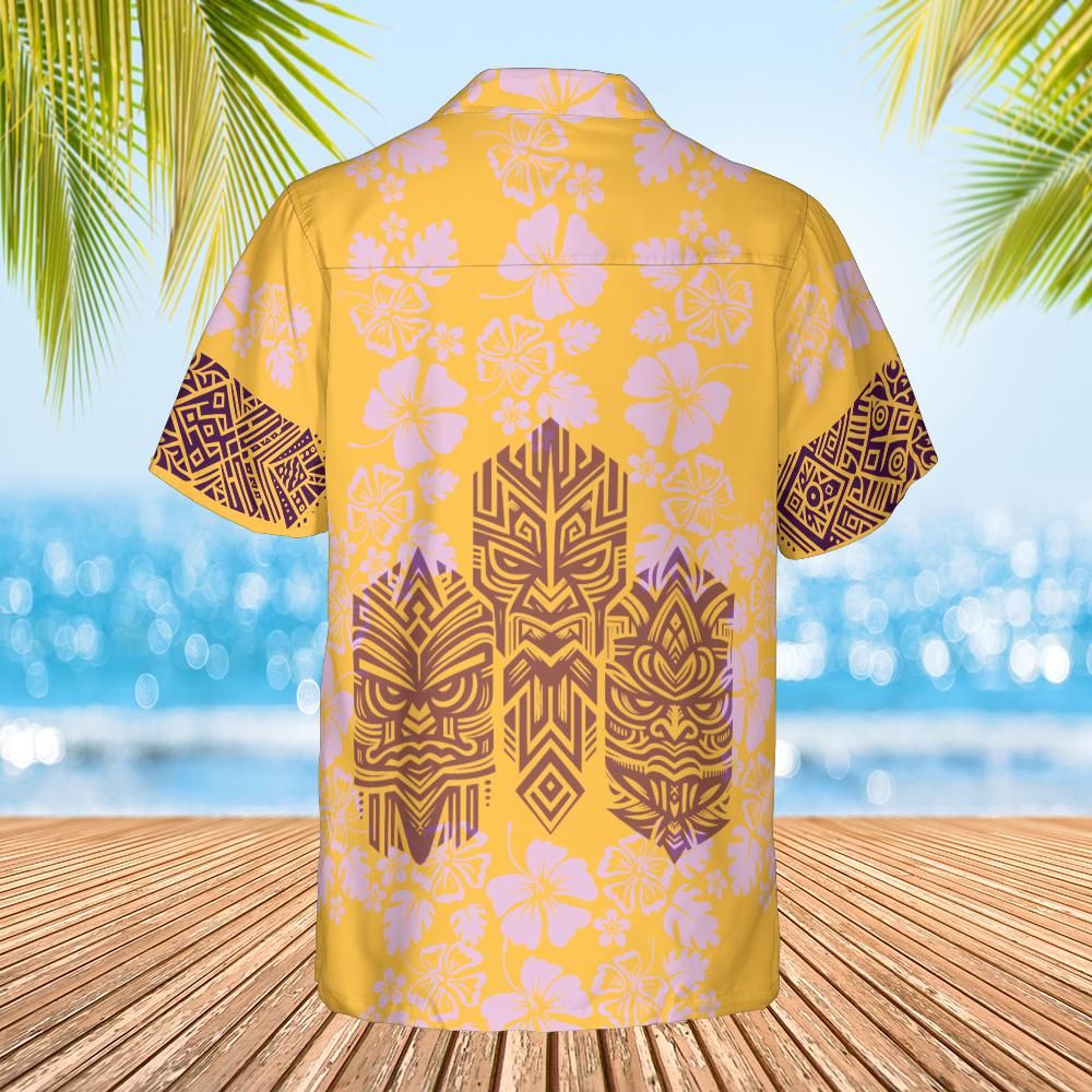 Hawaiian Tiki shirt 3 faces yellow glow back