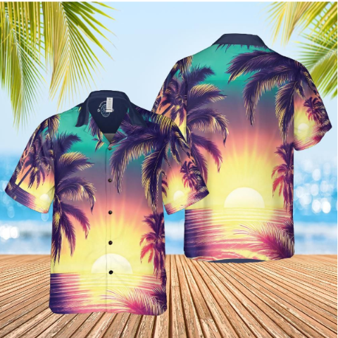 Hawaiian shirt  Aloha shirt unisex shirt sunset palms front back