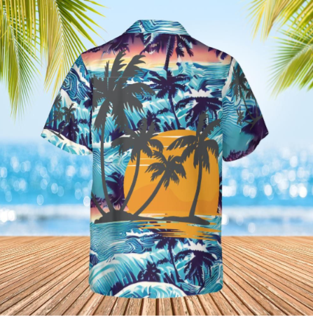 Hawaiian shirt  Aloha shirt unisex shirt sunset waves  palms back