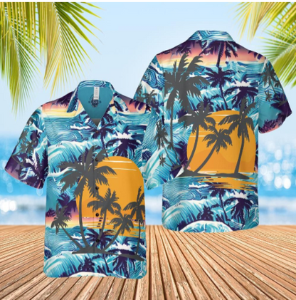 Hawaiian shirt  Aloha shirt unisex shirt sunset waves  palms front back