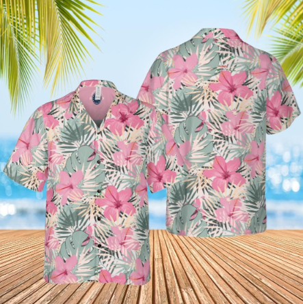 Hawaiian shirt, Aloha shirt, unisex shirt tropical jungle on pink front back