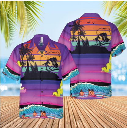 Hawaiian shirt, Aloha shirt unisex shirt purple sunset front back