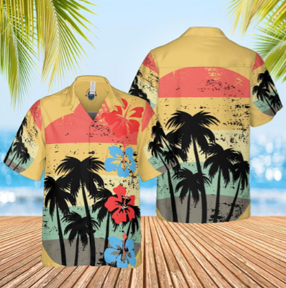 Hawaiian shirt sunset palms yellow lemon front back