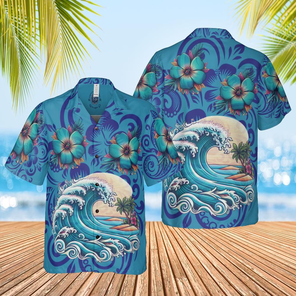 Hawaiian shirt waves blue n blue front back