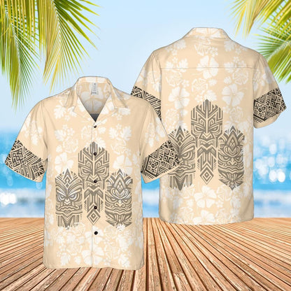 Hawaiian style Tiki shirt 3 faces cream front back