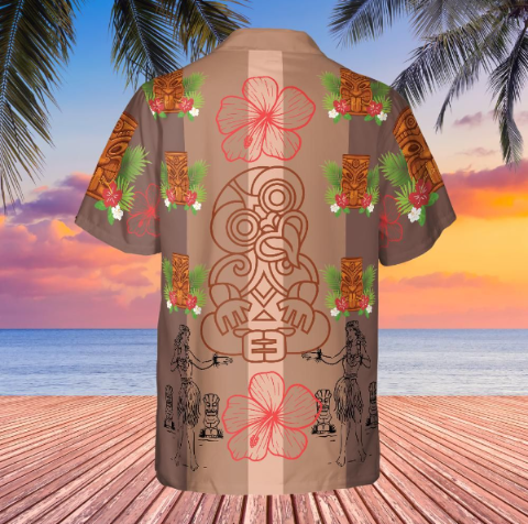 Hei- Tiki Hawaiian shirt Aloha shirt unisex shirt on brown back