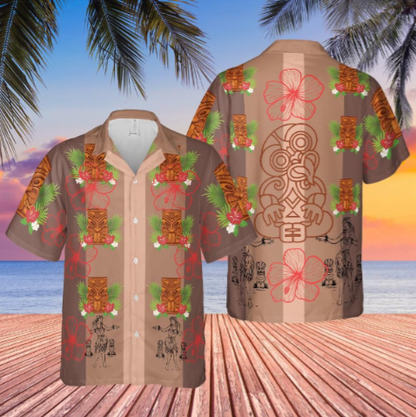 Hei- Tiki Hawaiian shirt Aloha shirt unisex shirt on brown back front