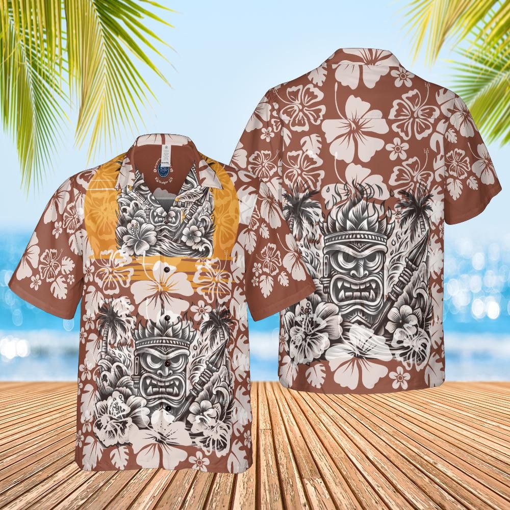 Hawaiian tiki style shirt front and back