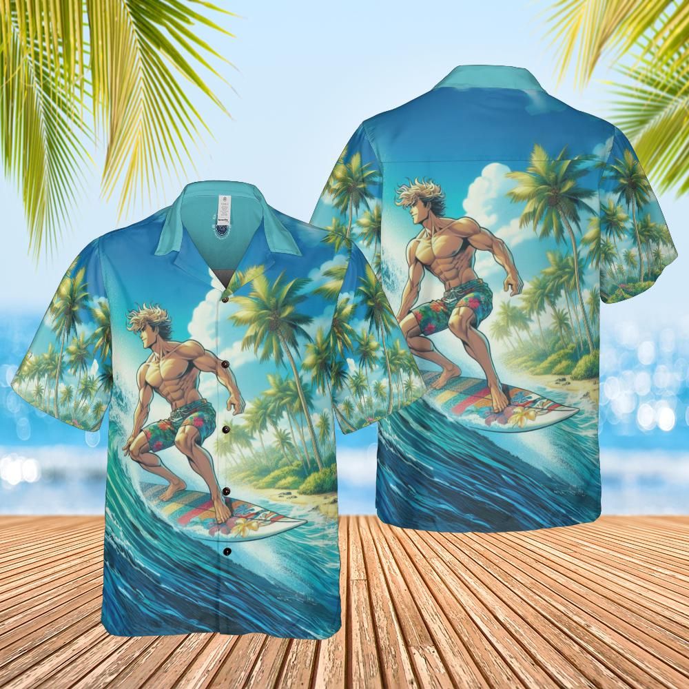 Hawaiian shirt Anime surfer jacked front back