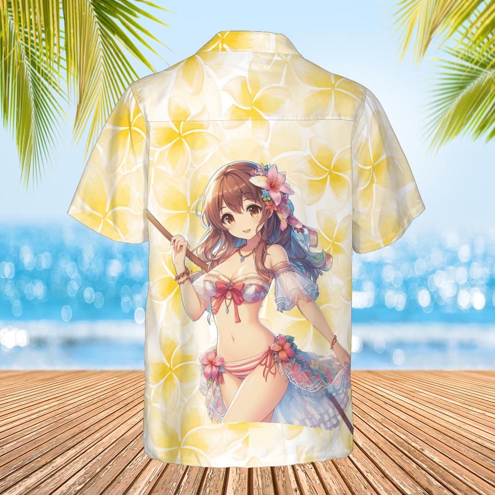 Hawaiian shirt Anime style floral frangipani on white back