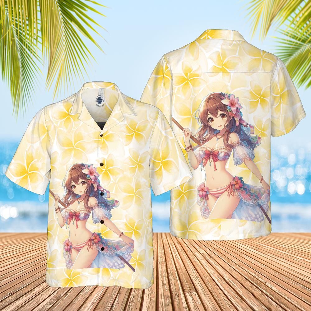 Hawaiian shirt Anime style floral frangipani on white front back