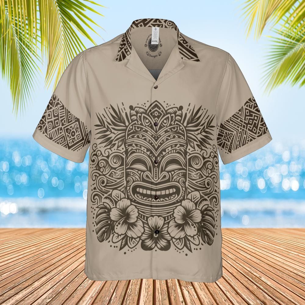 Happy tiki  Hawaiian shirt light brown front