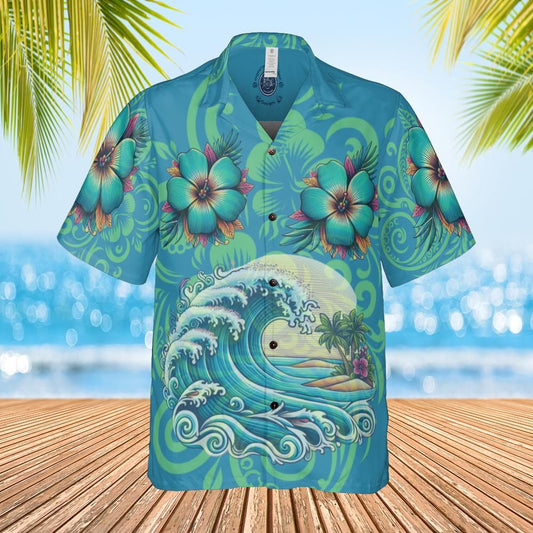 Hawaiian shirt Wave on blue n green front