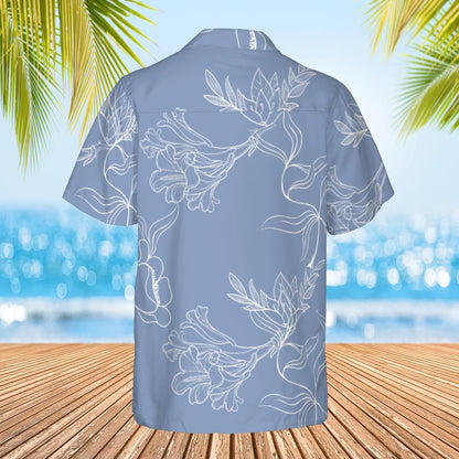 Hawaiian shirt floral white on grey blue back