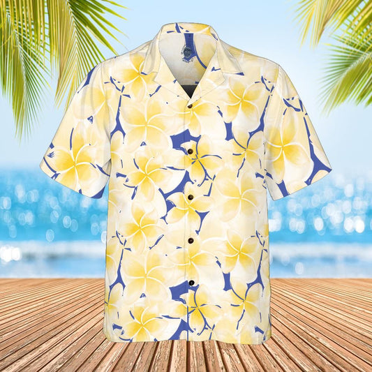 Hawaiian shirt frangipani fractured blue front