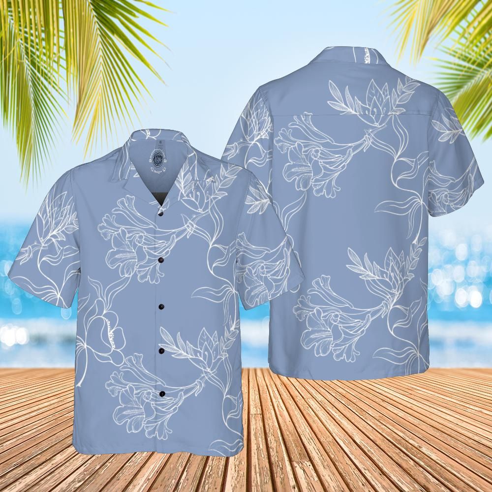 Hawaiian shirt floral white on grey blue frot and back
