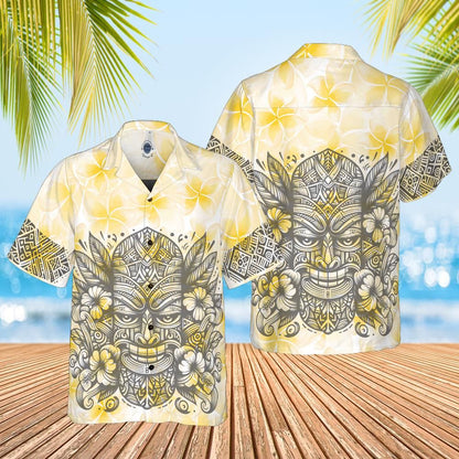 Tiki style Hawaiian shirt on yellow Frangipenni 