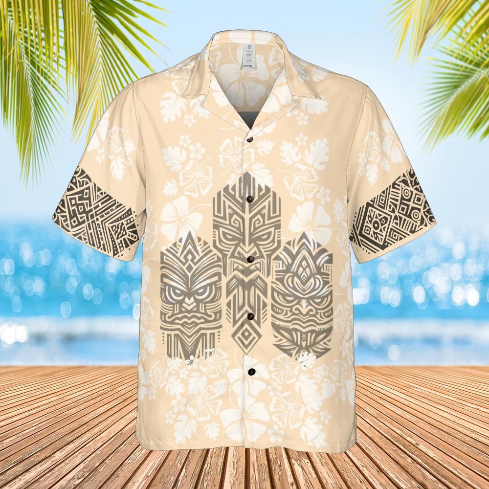 Hawaiian style Tiki shirt 3 faces cream front