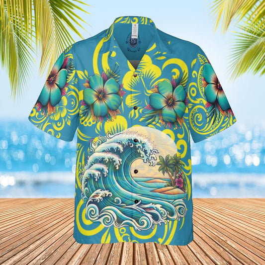 Hawaiian shirt wves bluen yellow front