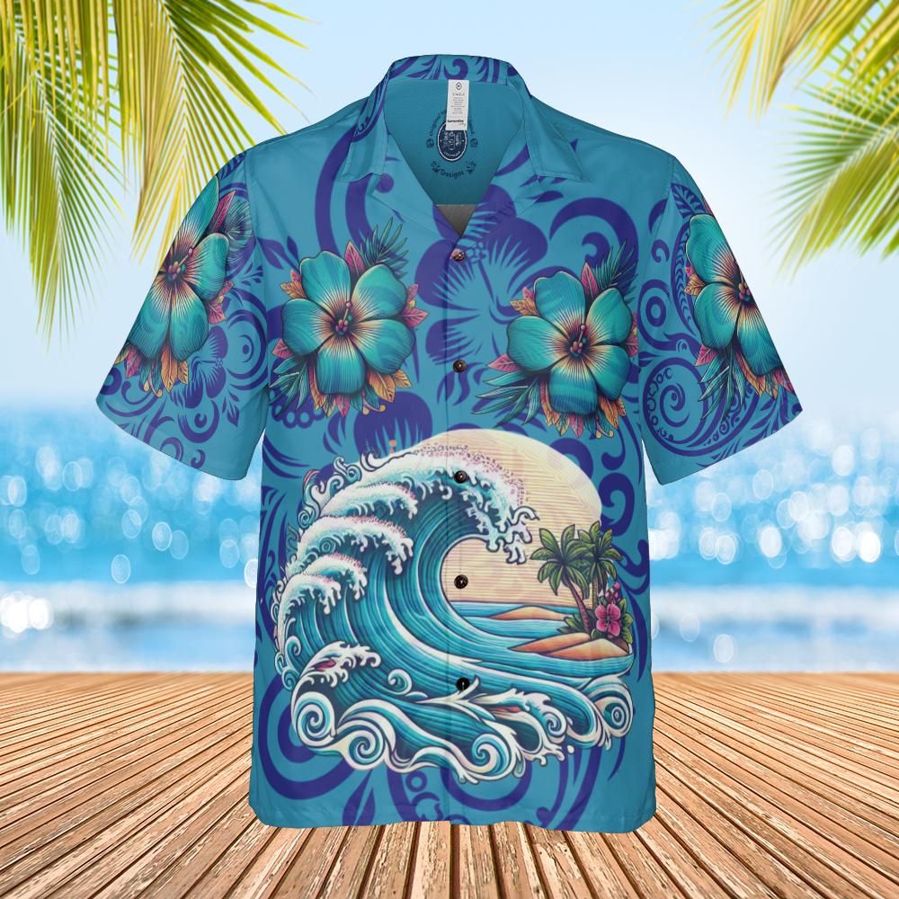 Hawaiian shirt waves blue n blue front