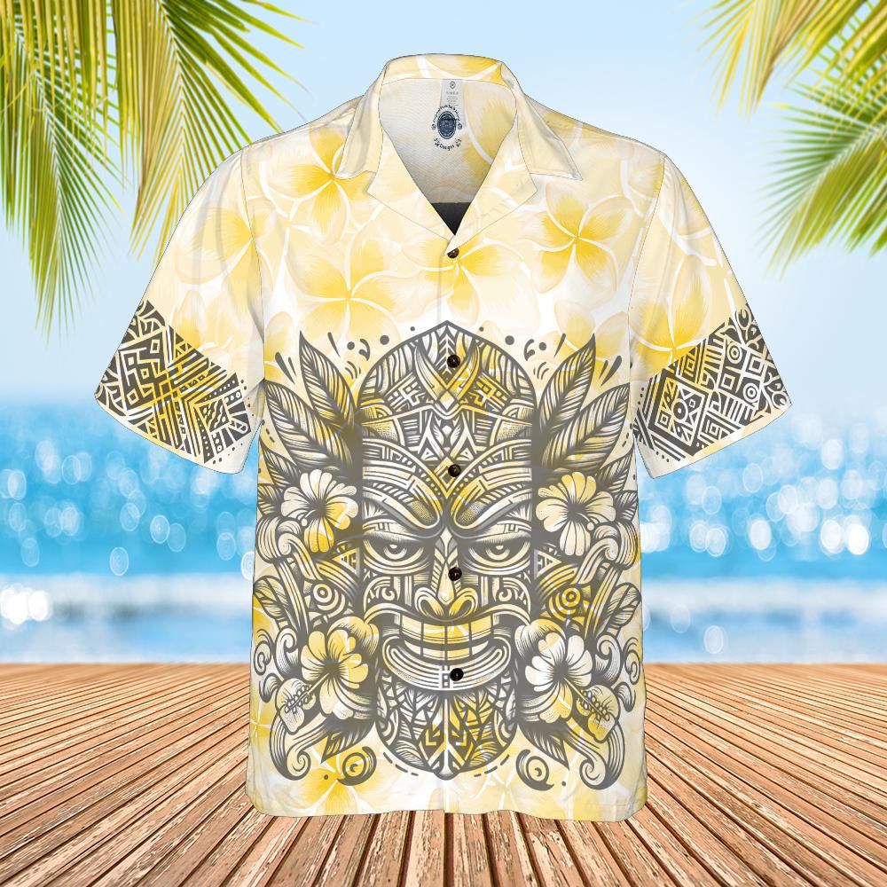 Tiki style Hawaiian shirt on yellow Frangipenni front