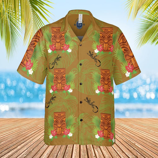 Hawaiian shirt Aloha shirt Tiki style brown leaf gecko front