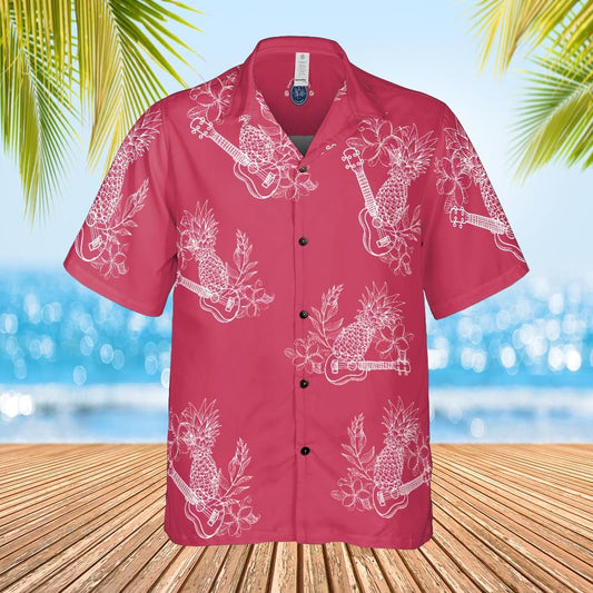 Hawaiian Shirt ukulele and floral white on blood red front