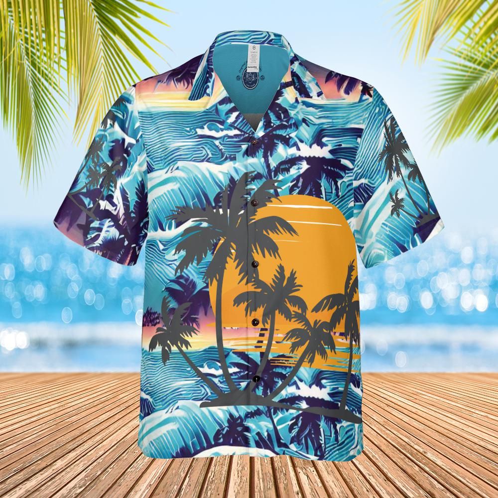 Hawaiian shirt  Aloha shirt unisex shirt sunset waves  palms  front