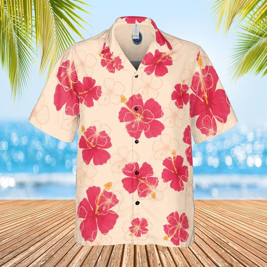 Hawaiian shirt, Aloha shirt floral red Hibiscus on cream