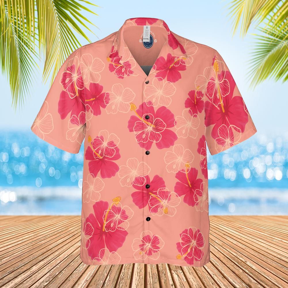 Hawaiian Shirts, Aloha shirt, Floral red Hibiscus on pale red front