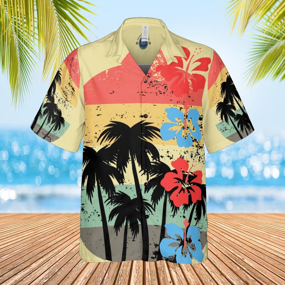 Hawaiian shirt sunset palms yellow lemon front