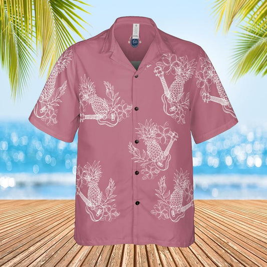 Hawaiian Shirt ukulele and floral white on faded red  frontfr