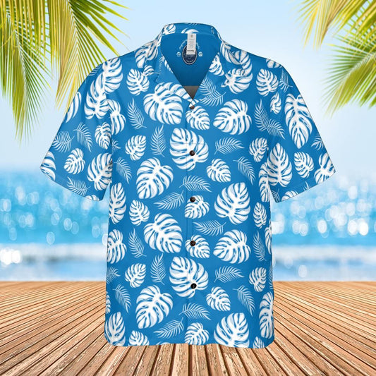 Hawaiian shirt, Aloha shirt, unisex shirt white leaves on blue front