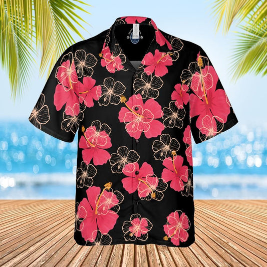 Hawaiian shirt  Aloha shirt unisex shirt floral red Hibiscus on black front